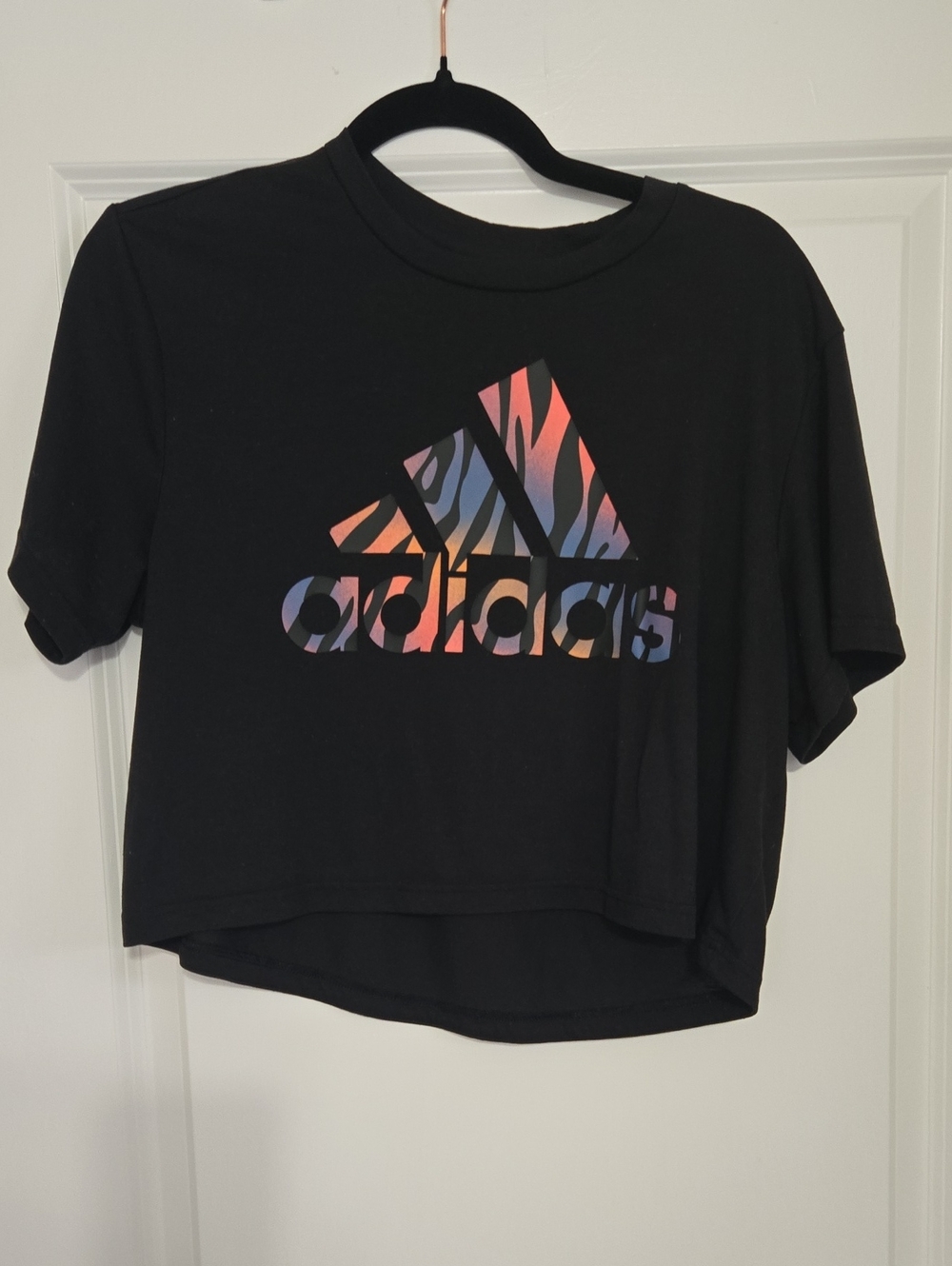 adidas Black Cropped Tee with Multicolor Zebra Logo